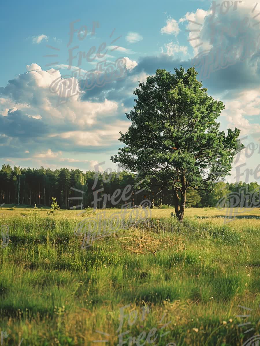 Serene Landscape with Lone Tree Under Blue Sky and Clouds