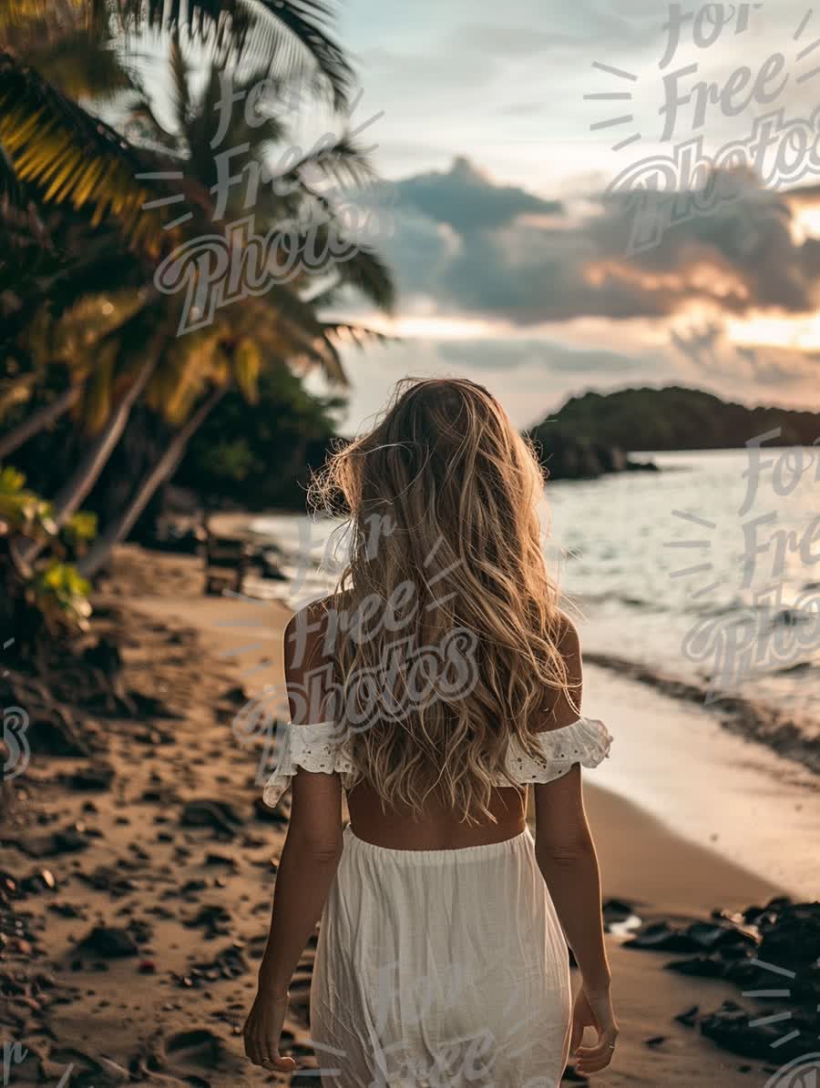 Serene Beach Walk at Sunset: Tropical Paradise with Woman in White Dress