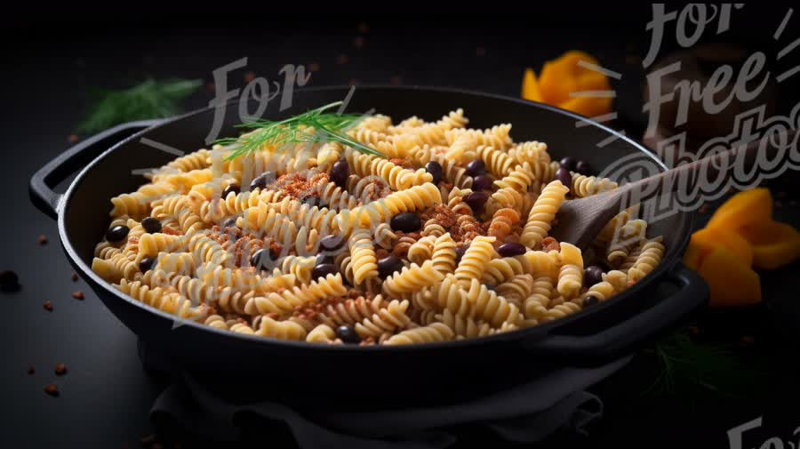 Delicious Spiral Pasta Dish with Black Beans and Fresh Herbs on Dark Background