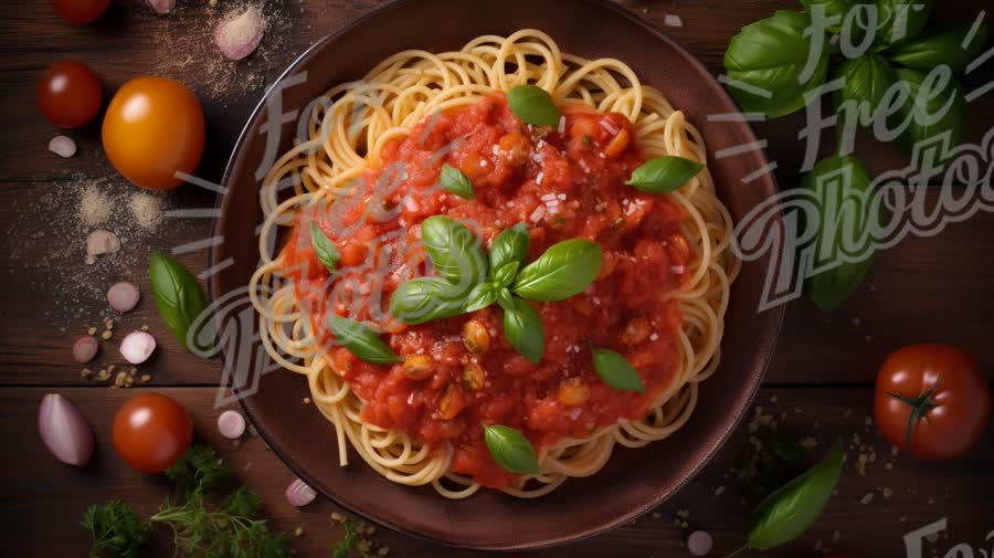 Delicious Spaghetti with Tomato Sauce and Fresh Basil on Rustic Wooden Table