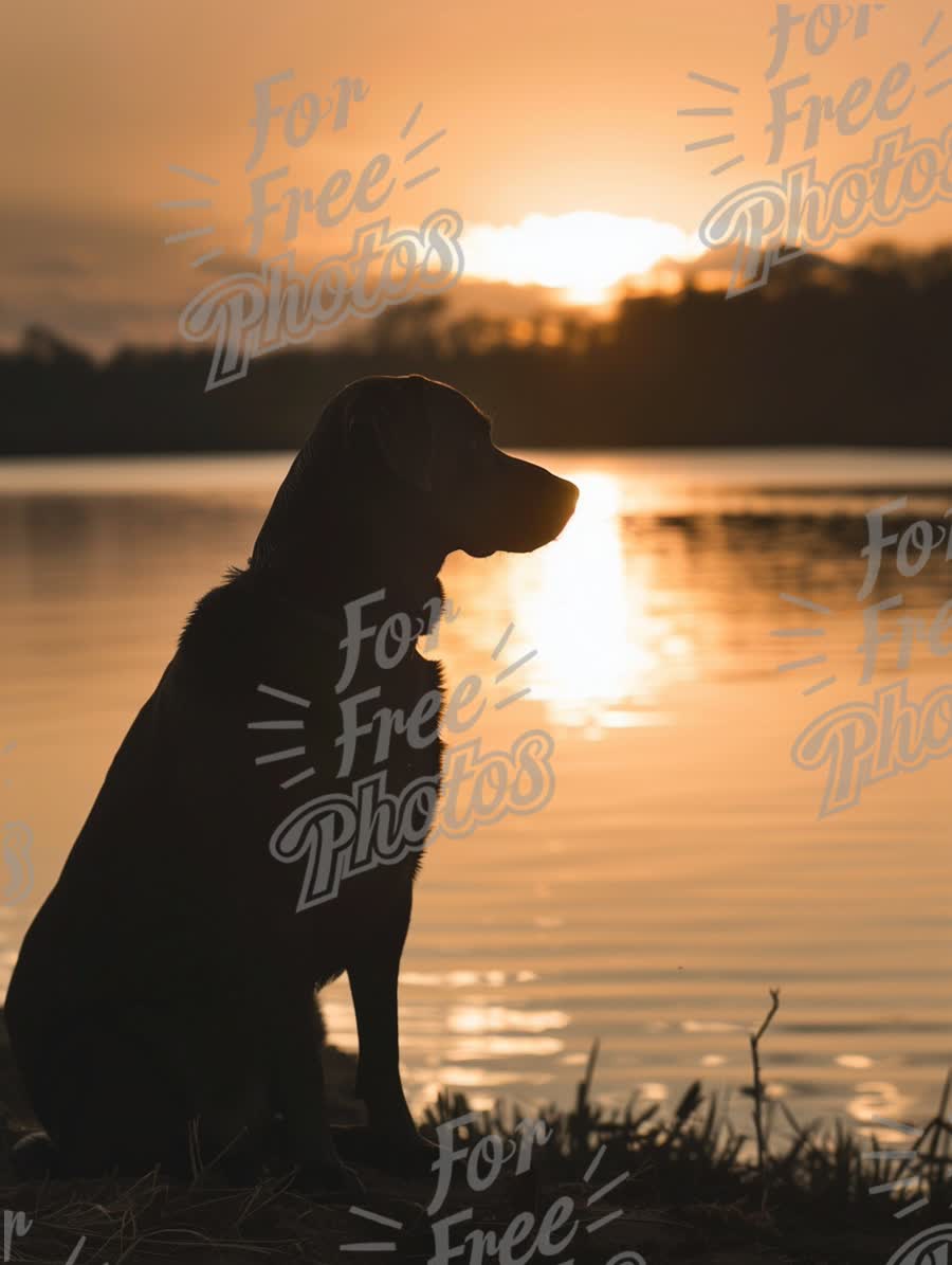 Silhouette of a Dog at Sunset by the Water: Tranquil Nature Scene