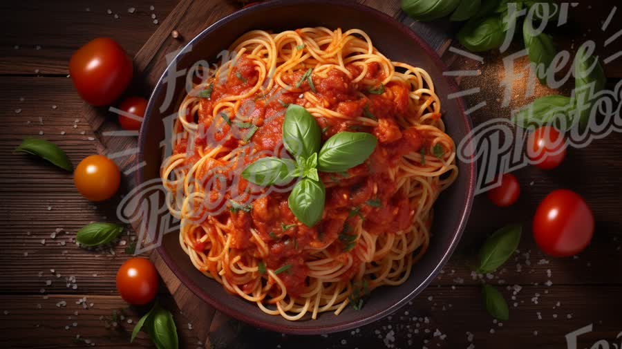 Delicious Spaghetti with Tomato Sauce and Fresh Basil on Rustic Wooden Table