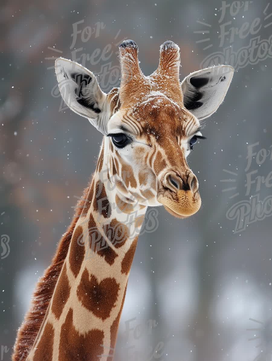 Majestic Giraffe in Winter Wonderland: Snowy Wildlife Portrait