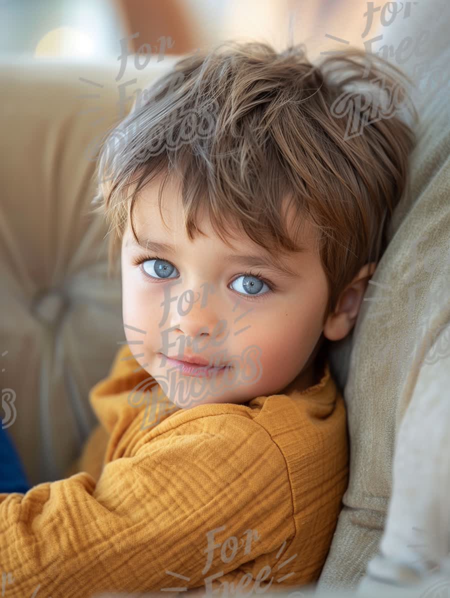 Charming Young Boy with Bright Blue Eyes Relaxing at Home