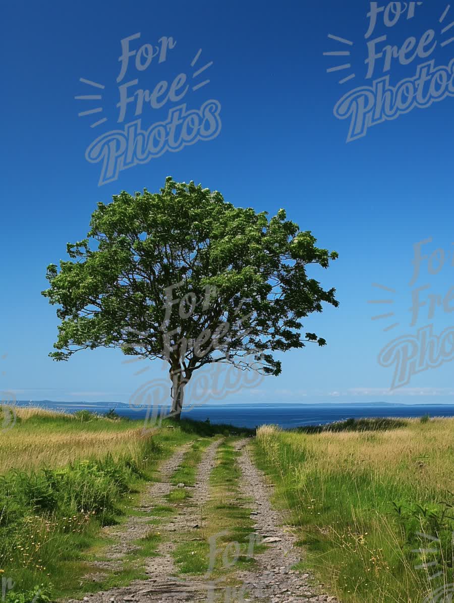 Serene Coastal Pathway with Lush Tree Under Clear Blue Sky