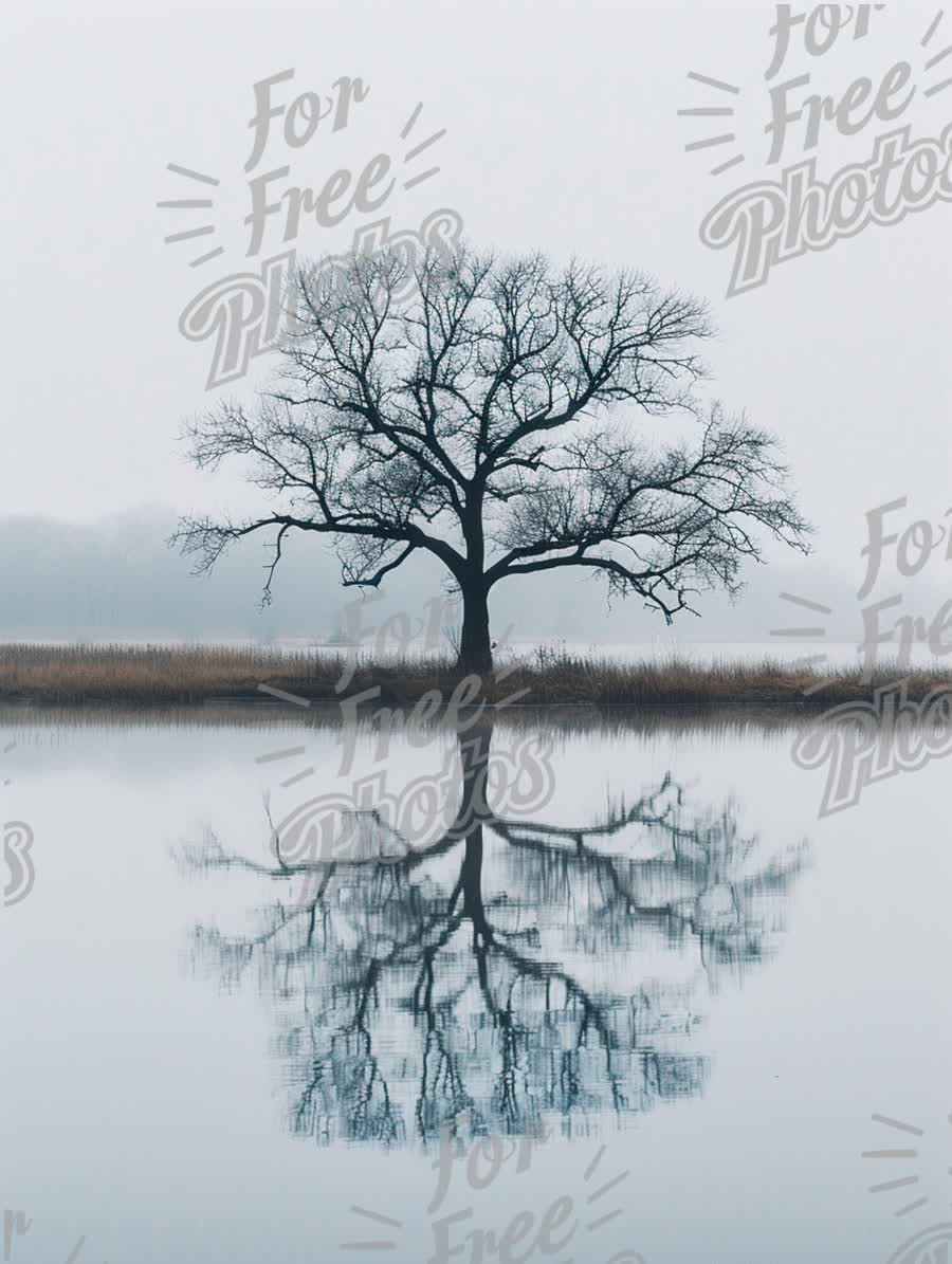 Serene Foggy Landscape with Bare Tree Reflection in Calm Water