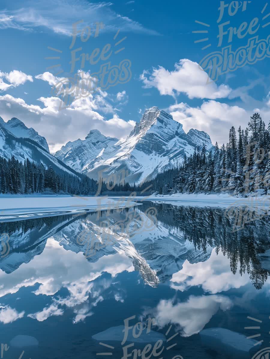 Stunning Winter Landscape: Majestic Snow-Capped Mountains Reflected in Tranquil Lake Under Blue Sky