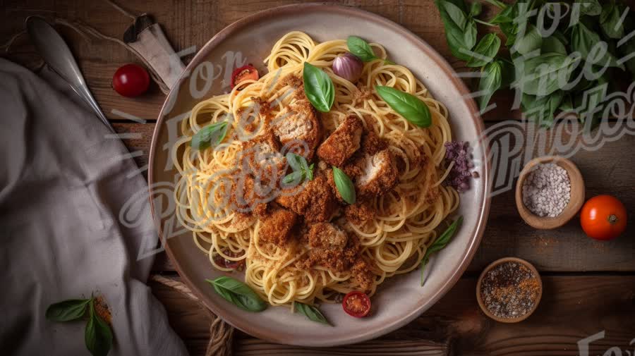 Delicious Spaghetti with Crispy Chicken and Fresh Basil on Rustic Wooden Table