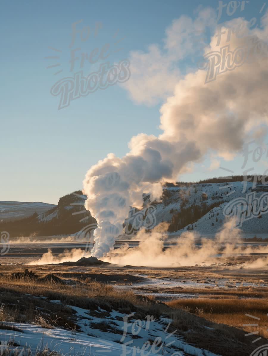 Majestic Geyser Erupting in Winter Landscape at Sunrise