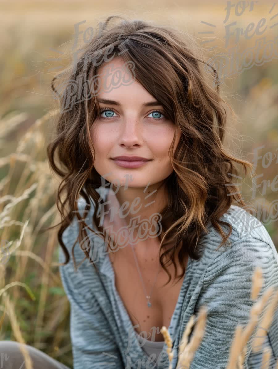 Natural Beauty in a Serene Field: Portrait of a Young Woman with Blue Eyes