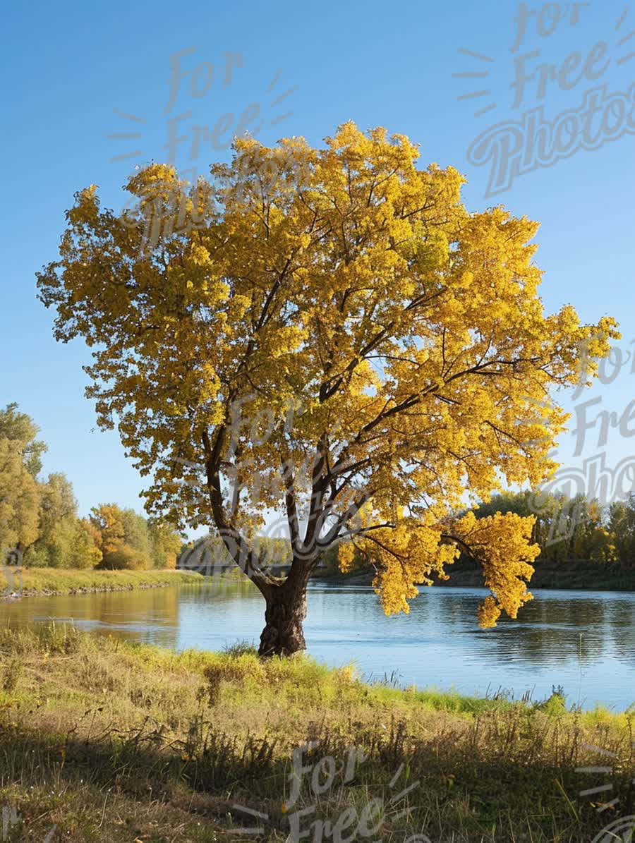 Vibrant Autumn Tree by Serene River: Nature's Fall Colors