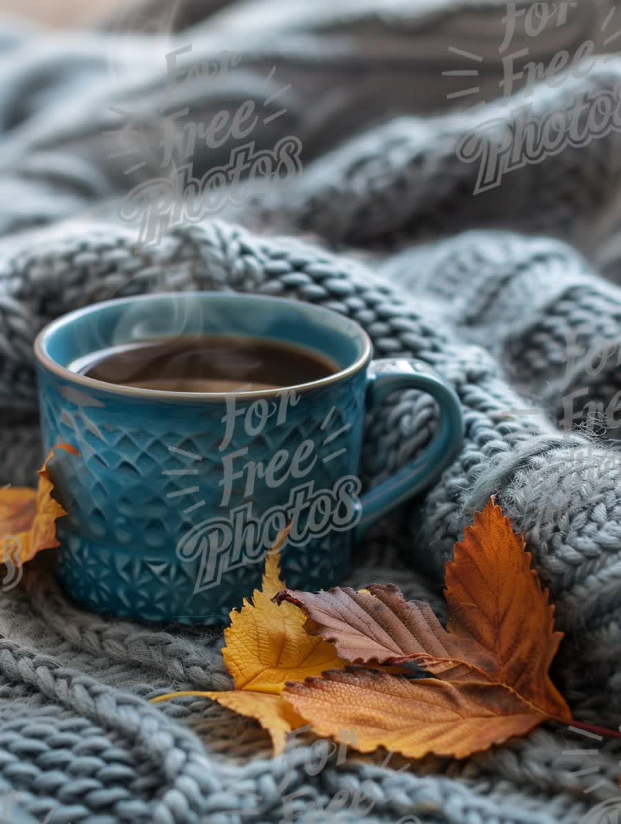 Cozy Autumn Vibes: Warm Coffee, Knit Blanket, and Fall Leaves