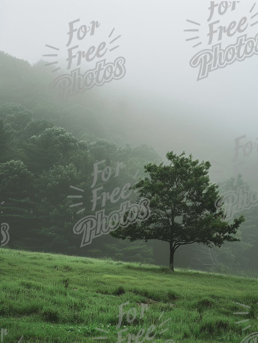 Serene Misty Landscape with Lone Tree in Foggy Forest