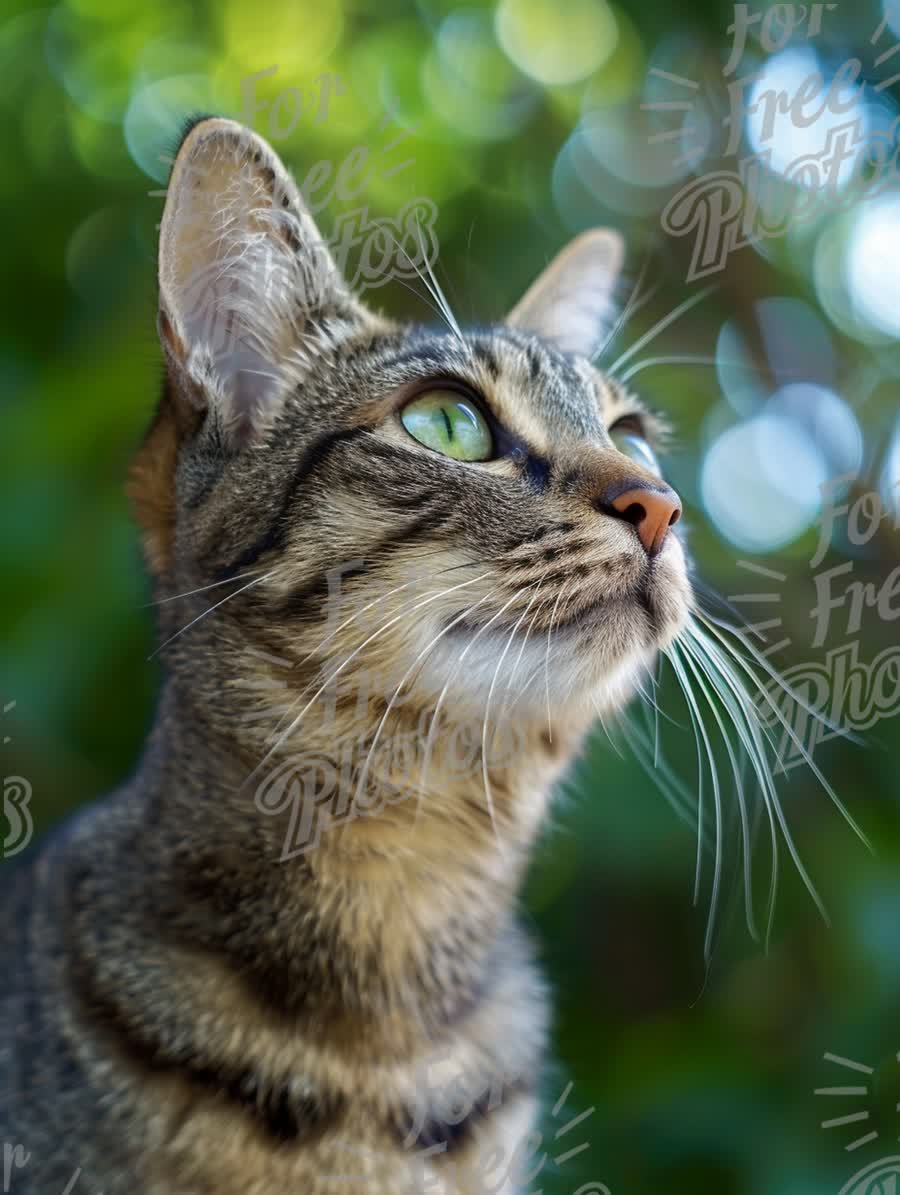 Curious Tabby Cat Gazing Upward with Bokeh Background