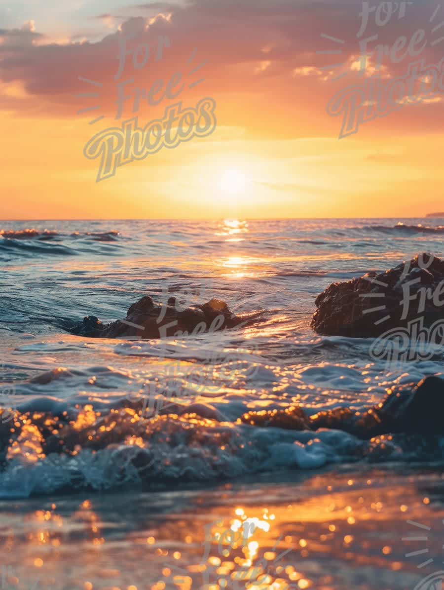 Serene Sunset Over Ocean Waves: Tranquil Seascape with Rocks