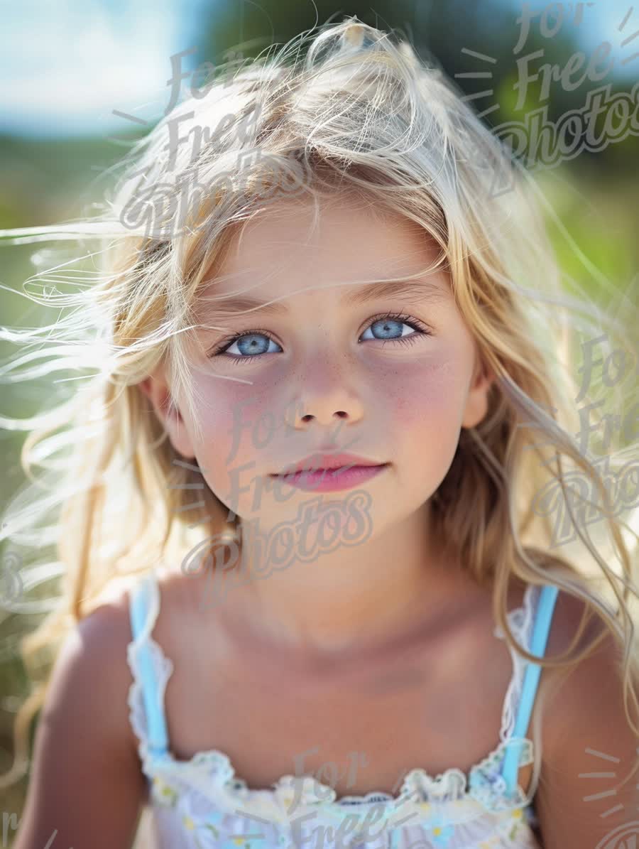 Captivating Portrait of a Young Girl with Blue Eyes and Flowing Hair in Natural Light