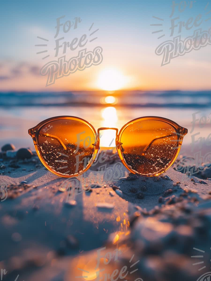 Stylish Sunglasses Reflecting Sunset Over Beach - Summer Vibes and Travel Inspiration