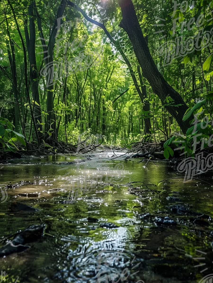 Tranquil Forest Stream: Lush Greenery and Reflections in Nature