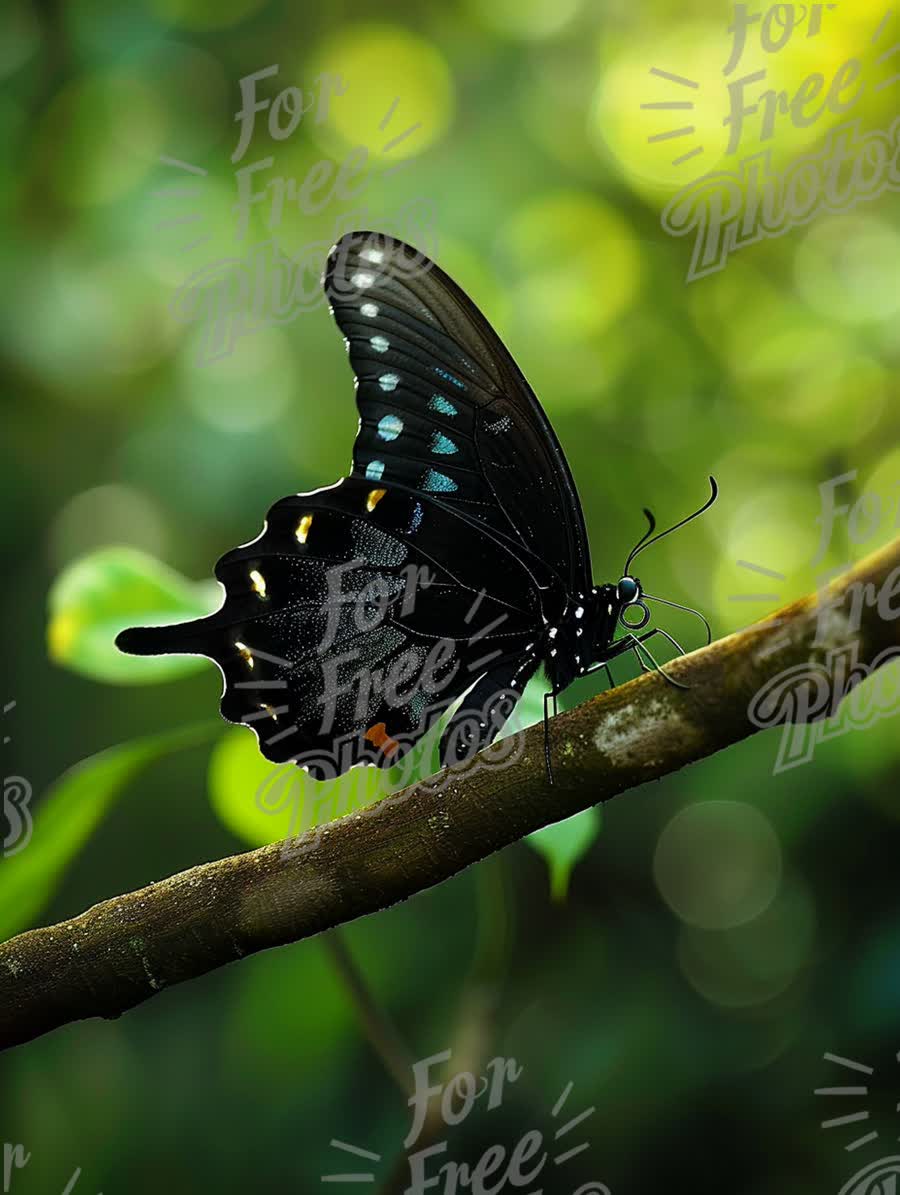 Elegant Black Butterfly on Branch with Soft Bokeh Background