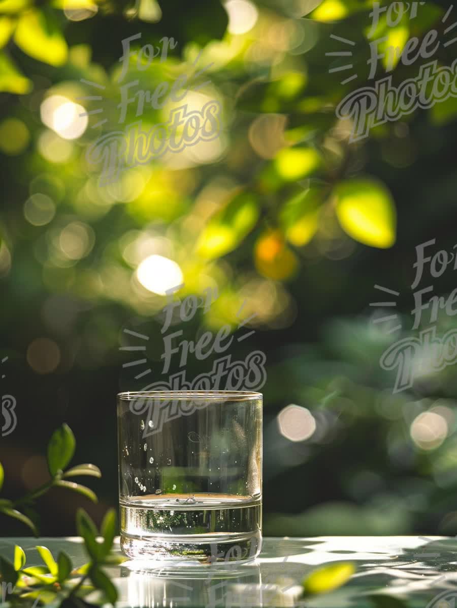 Refreshing Glass of Water Surrounded by Lush Greenery and Bokeh Lights