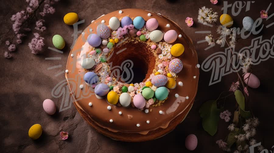 Festive Easter Donut with Colorful Candy Eggs and Spring Flowers