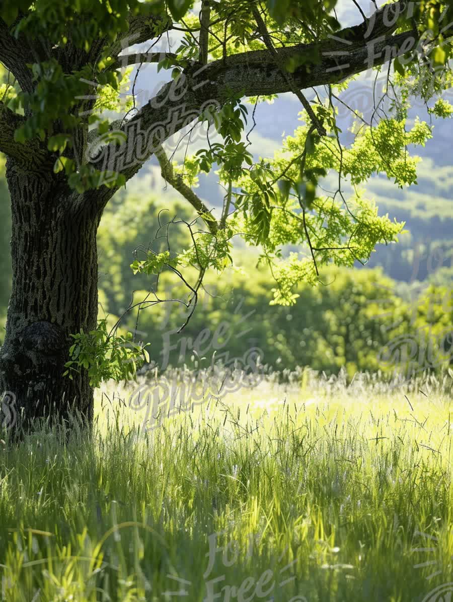 Serene Green Landscape with Majestic Tree and Sunlit Meadow