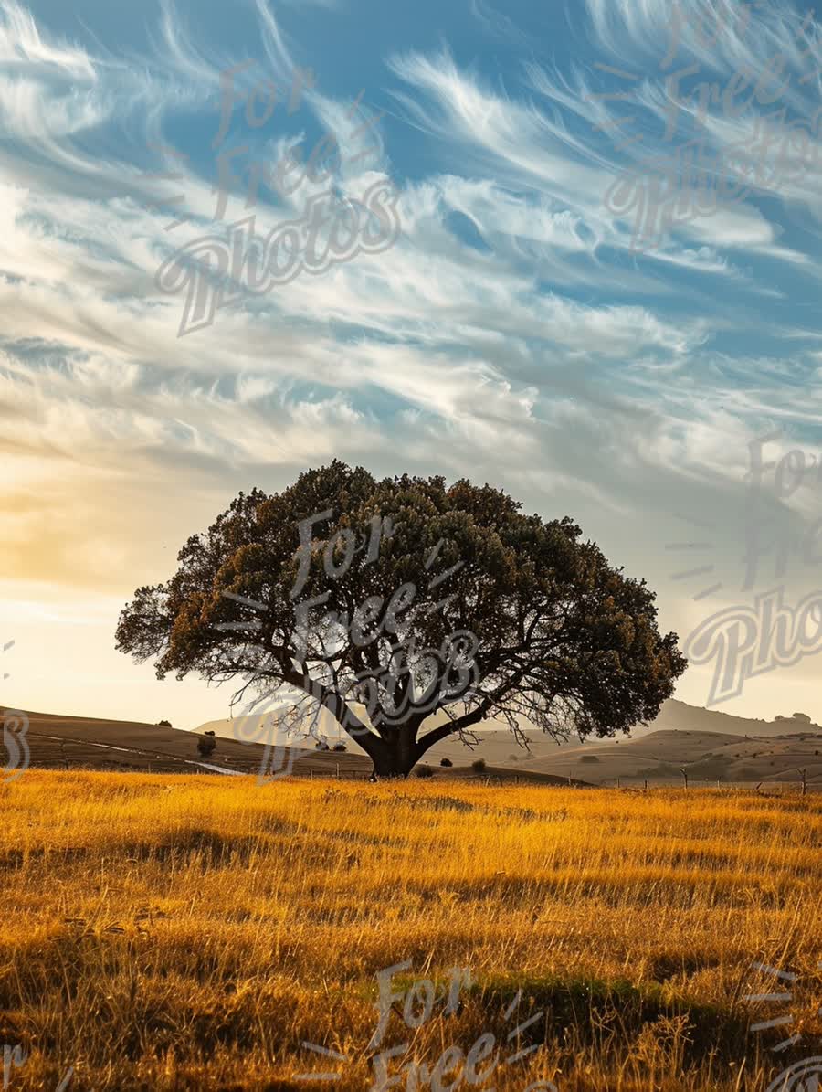 Majestic Lone Tree in Golden Field Under Dramatic Sky