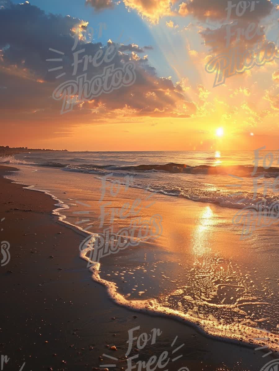 Stunning Sunset Over Tranquil Ocean Waves: Serene Beach Landscape