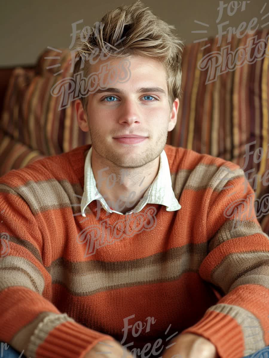 Casual Portrait of a Young Man with Stylish Hair and Blue Eyes in Cozy Sweater