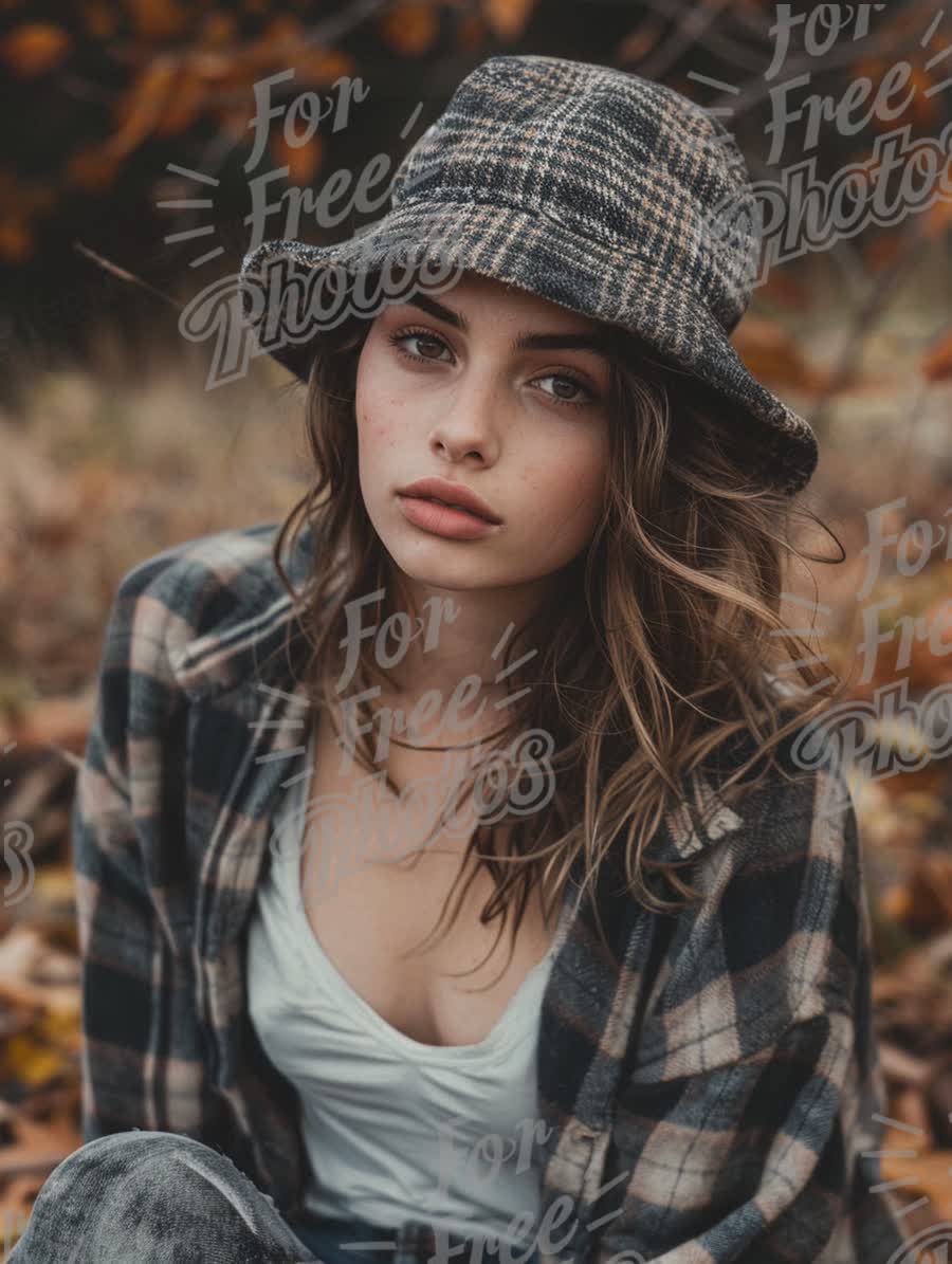 Autumn Fashion Portrait: Young Woman in Flannel and Hat Amidst Fall Leaves