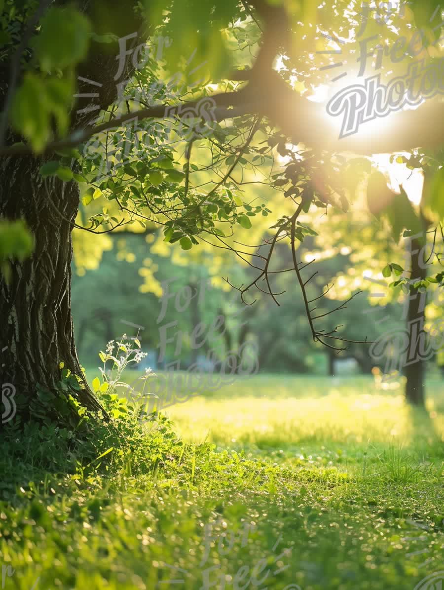 Serene Sunlit Forest Scene with Lush Greenery and Warm Glow