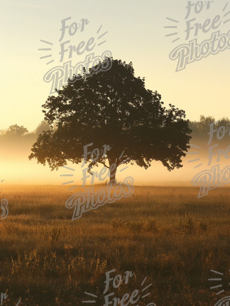 Serene Sunrise Landscape with Lone Tree in Misty Field