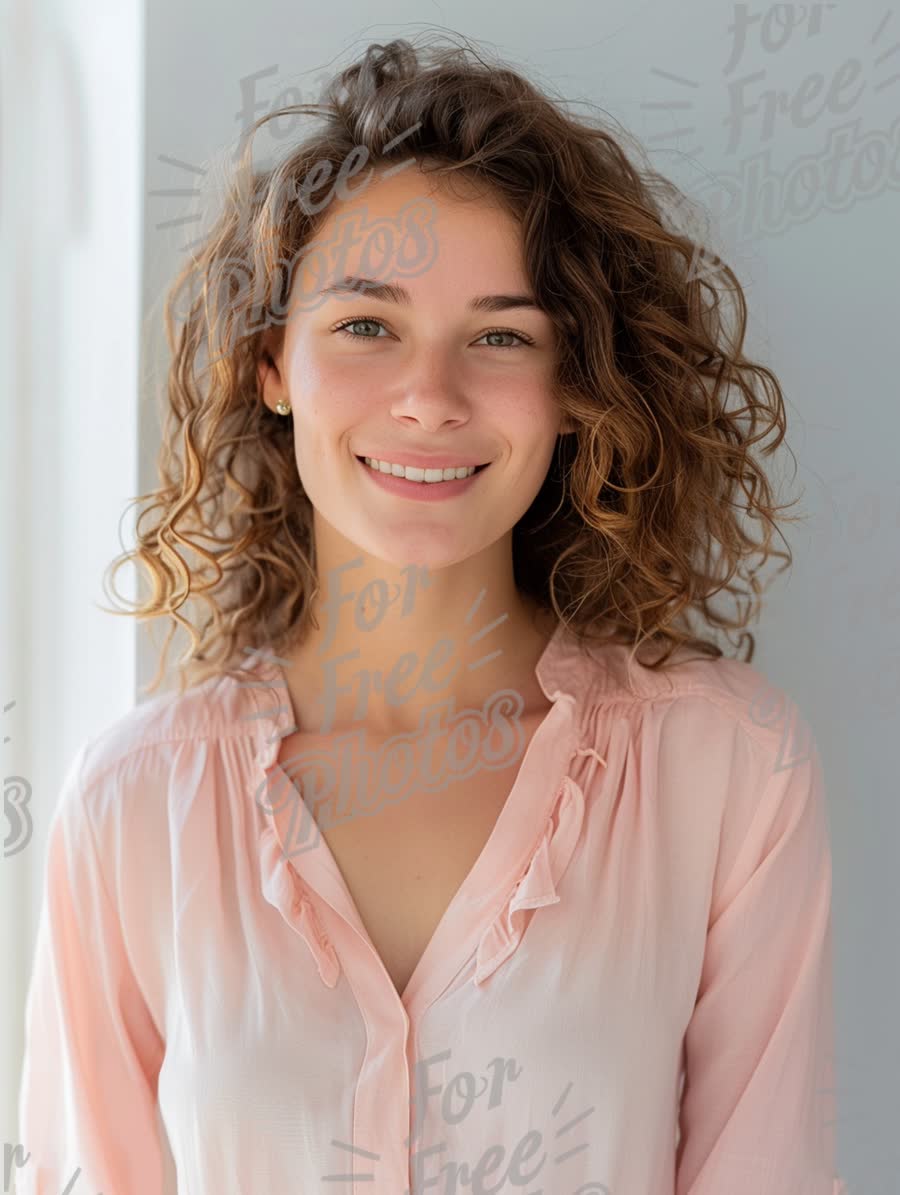 Natural Beauty: Smiling Young Woman with Curly Hair in Soft Lighting