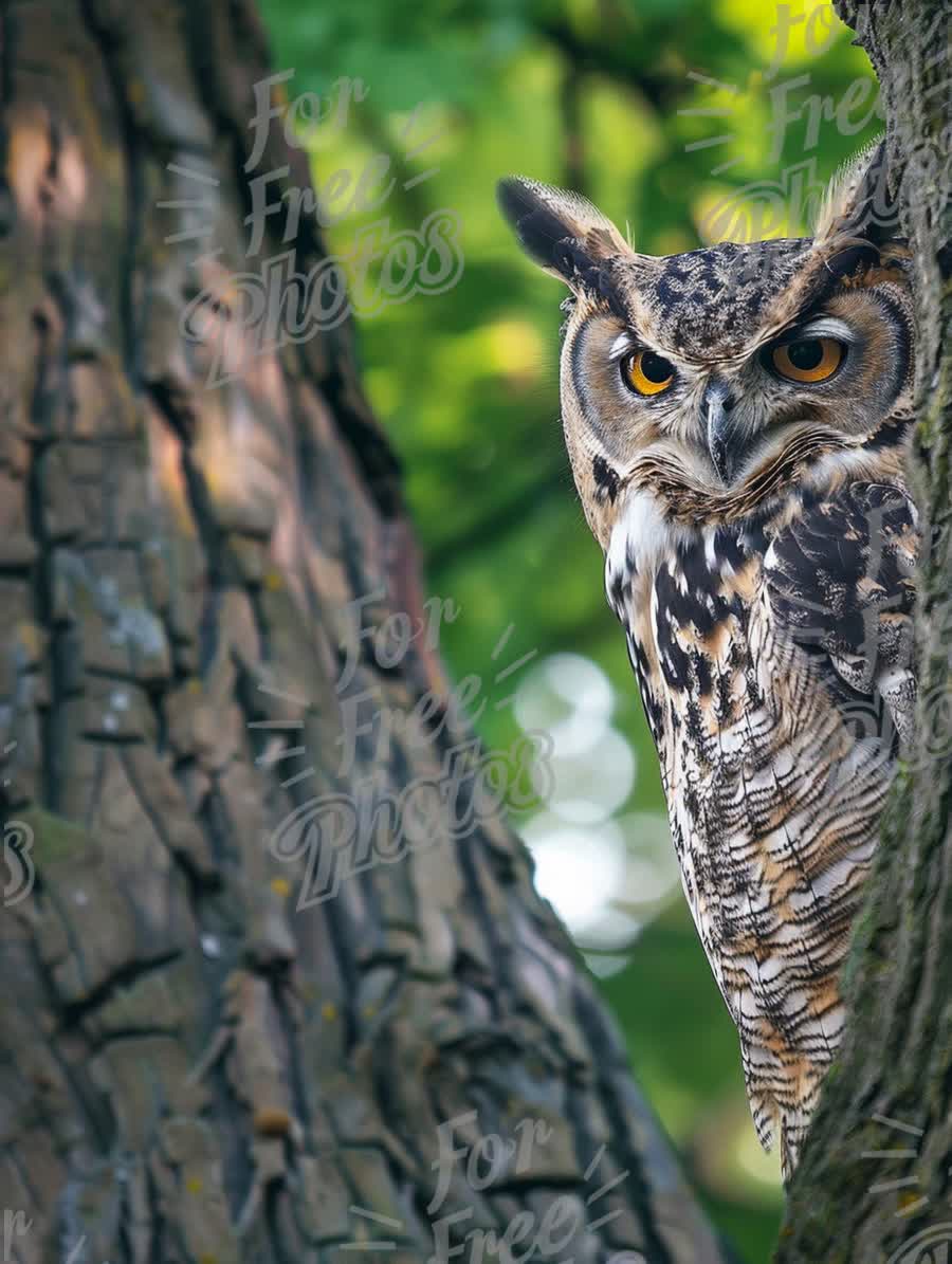 Majestic Owl Perched on Tree Trunk in Lush Green Forest