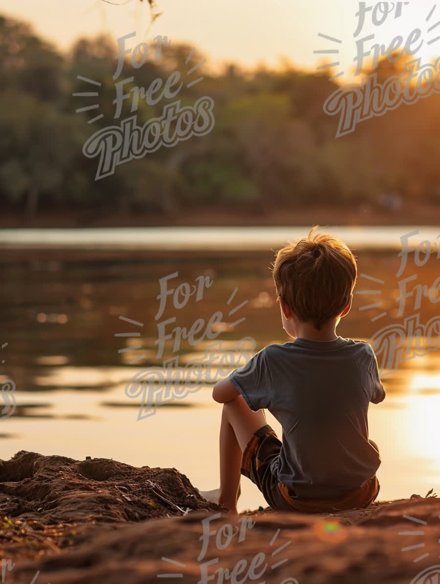 Contemplative Child by Serene Lake at Sunset