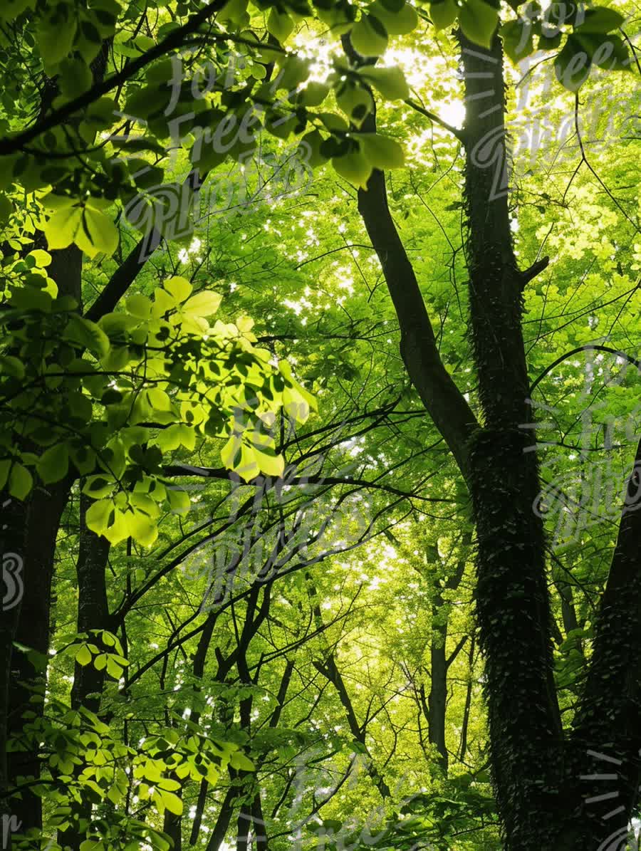 Serene Green Forest Canopy with Sunlight Filtering Through Leaves