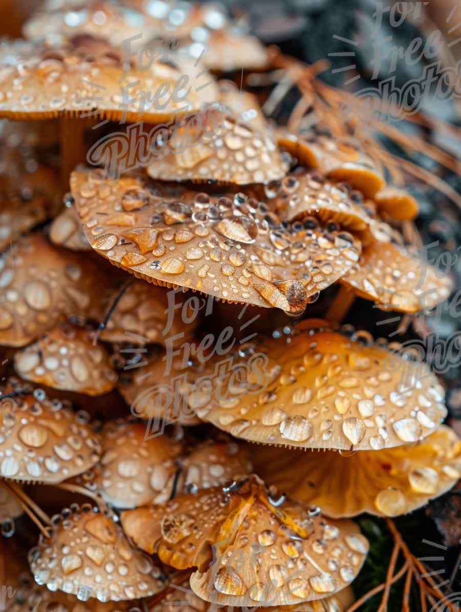 Close-Up of Dewy Mushrooms in Forest Setting - Nature's Beauty and Freshness