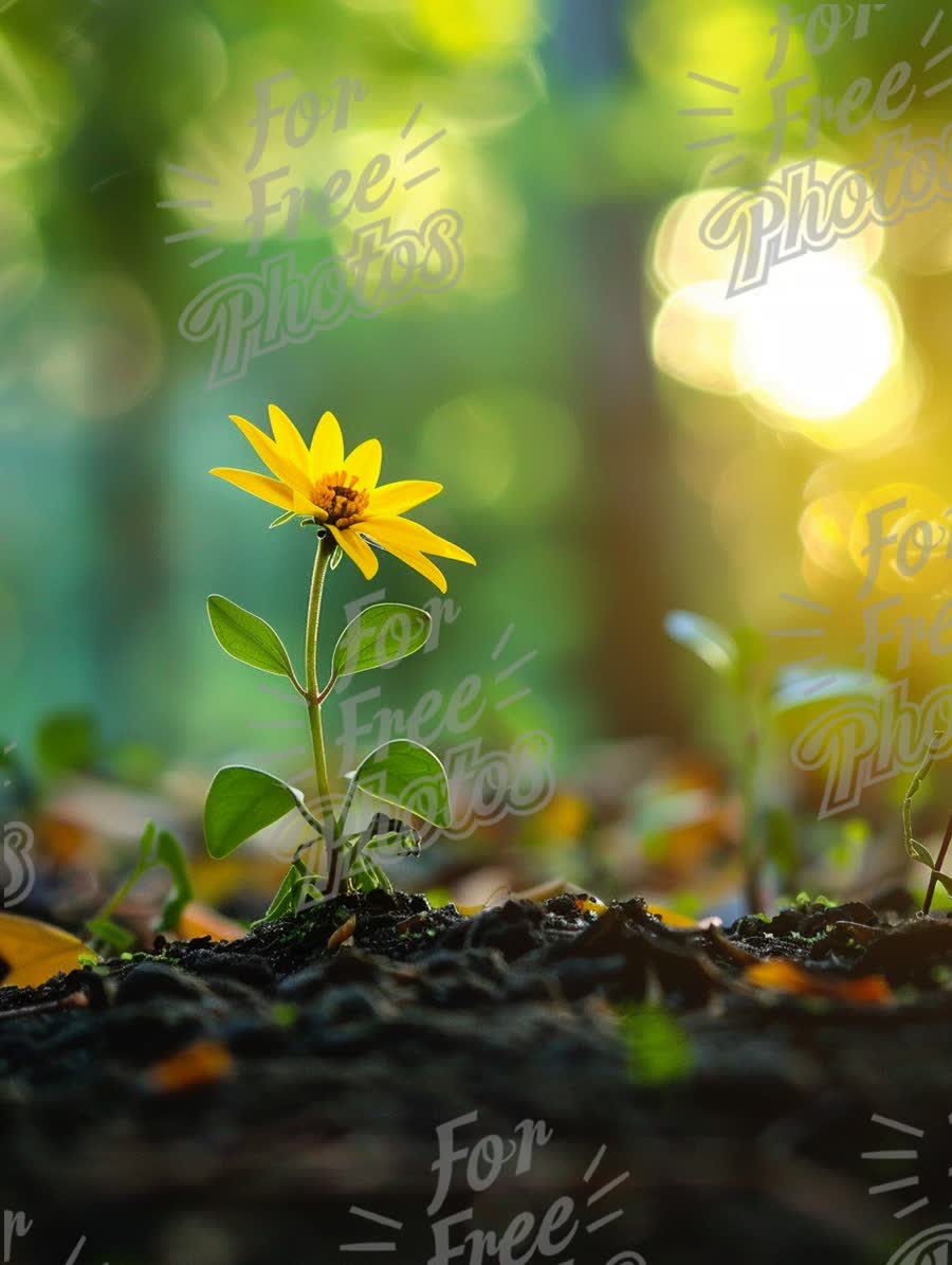 Vibrant Yellow Flower Blooming in Sunlit Forest - Nature's Resilience and Beauty