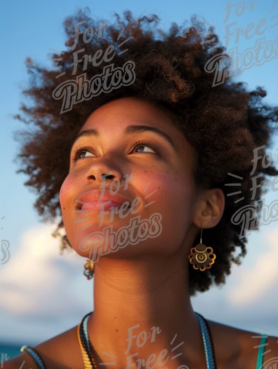 Joyful Woman with Natural Hair Against a Bright Sky - Empowerment and Beauty