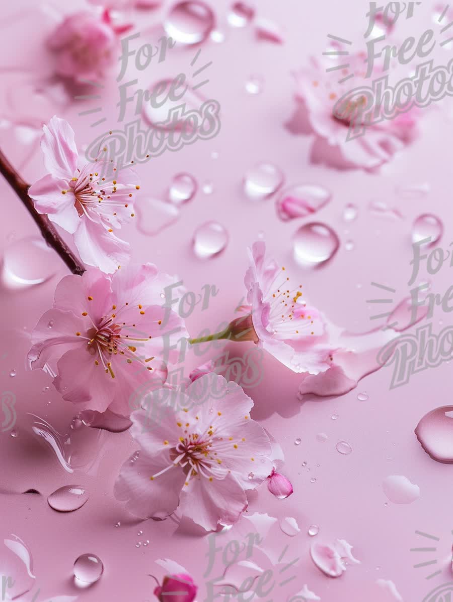 Delicate Cherry Blossom Petals with Water Droplets on Soft Pink Background