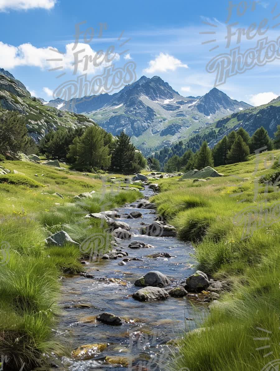 Serene Mountain Landscape with Flowing Stream and Lush Greenery