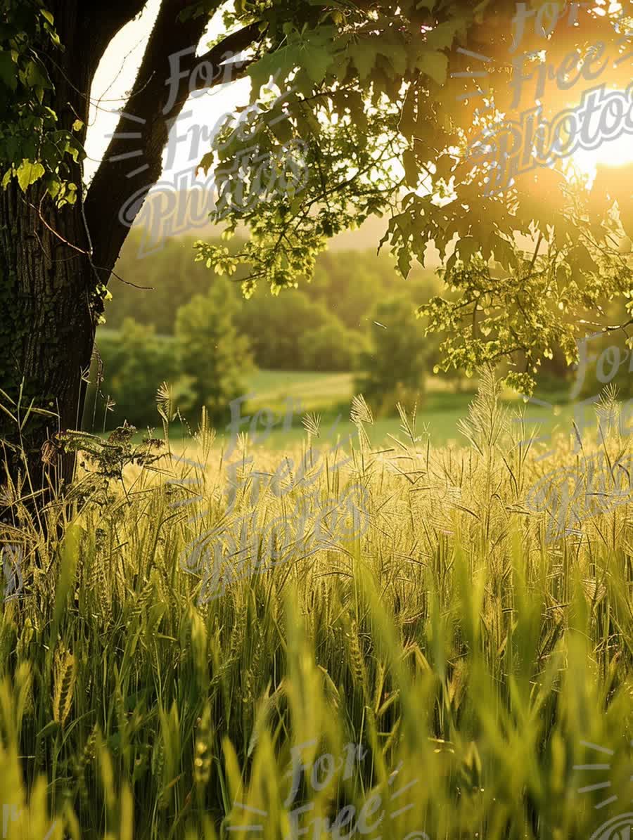 Golden Sunrise Over Serene Wheat Field with Lush Greenery