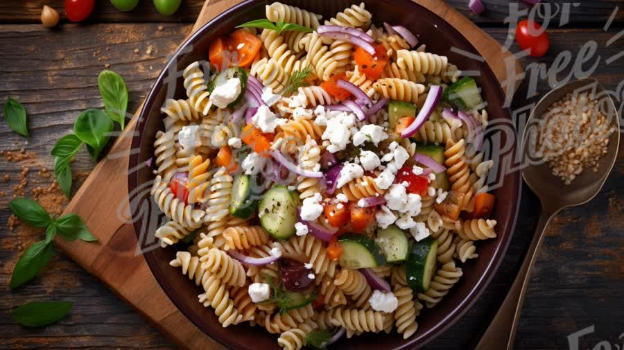 Fresh Mediterranean Pasta Salad with Colorful Vegetables and Feta Cheese