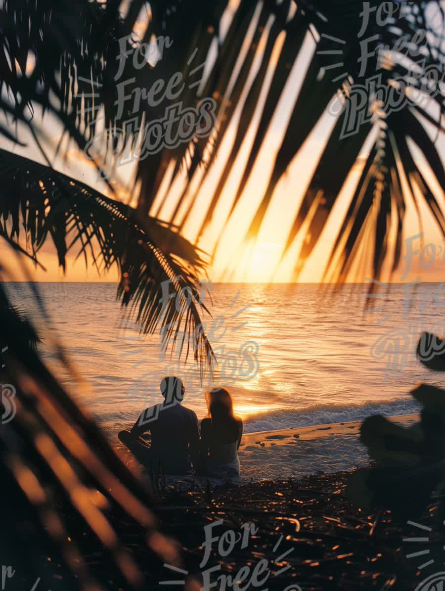 Romantic Sunset Beach Getaway: Couple Silhouetted by Palm Leaves