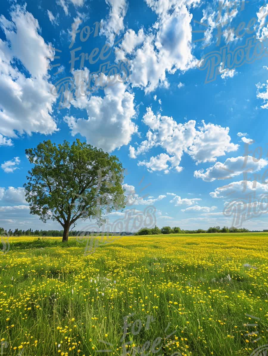 Vibrant Spring Meadow with Blooming Flowers and Blue Sky