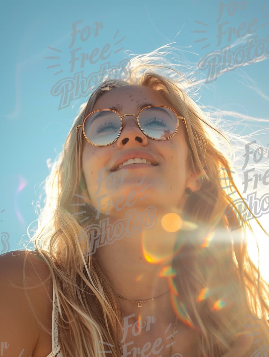 Joyful Summer Vibes: Young Woman with Sunglasses Against a Bright Sky