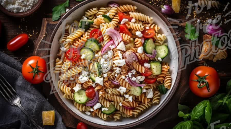 Fresh Mediterranean Pasta Salad with Colorful Vegetables and Feta Cheese