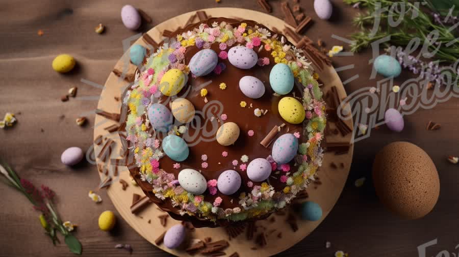 Colorful Easter Cake with Chocolate and Candy Eggs on Rustic Wooden Table