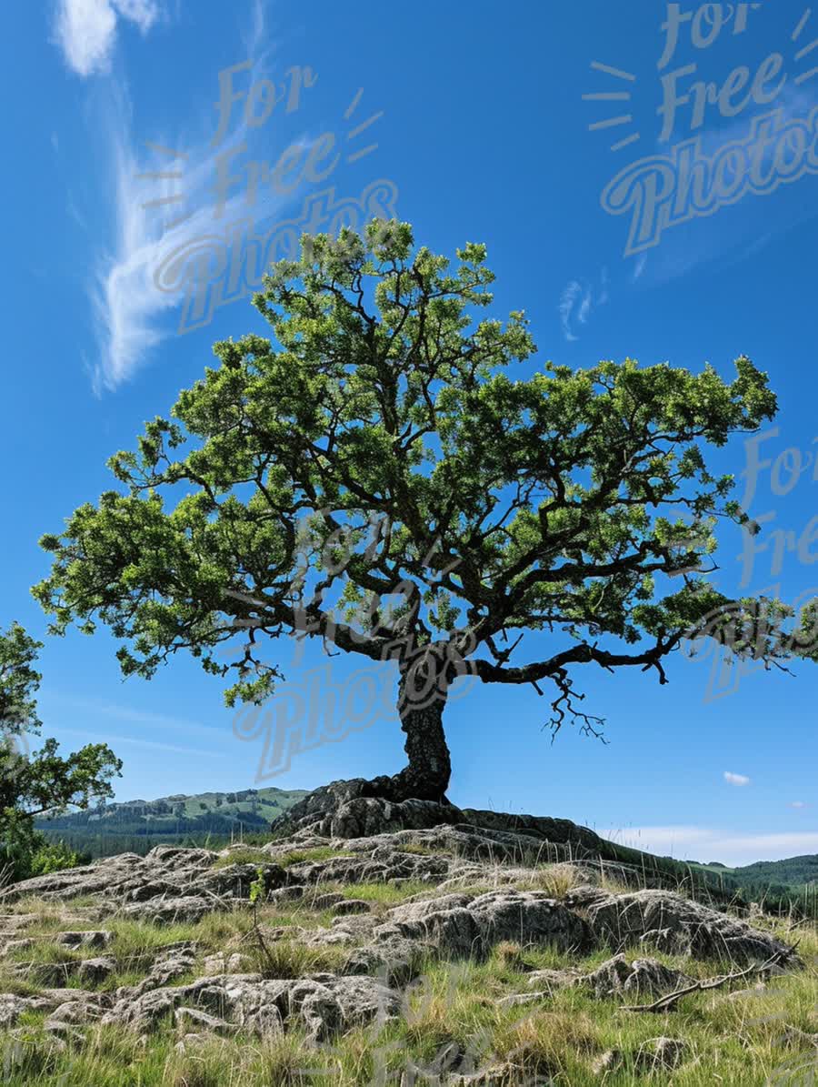 Majestic Lone Tree on Rocky Outcrop Against Clear Blue Sky