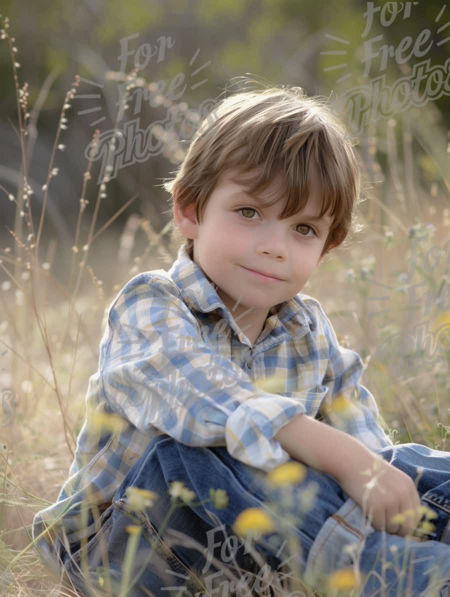 Charming Young Boy Sitting in a Meadow Surrounded by Wildflowers